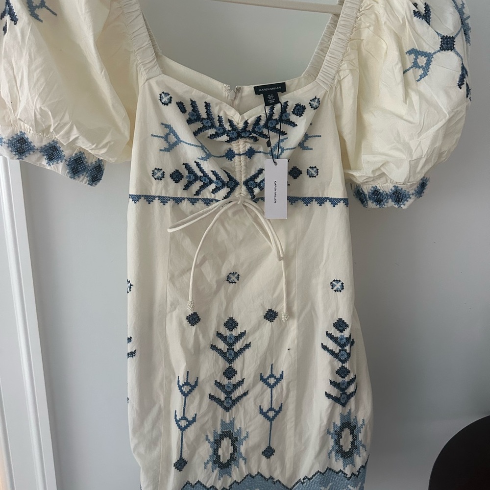 Karen Millen Cream and Blue Embroidered Mini Dress